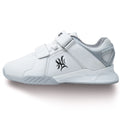 Ronin Lifters Bliss White side profile view - wide toe box heeled weightlifting shoe in white/grey