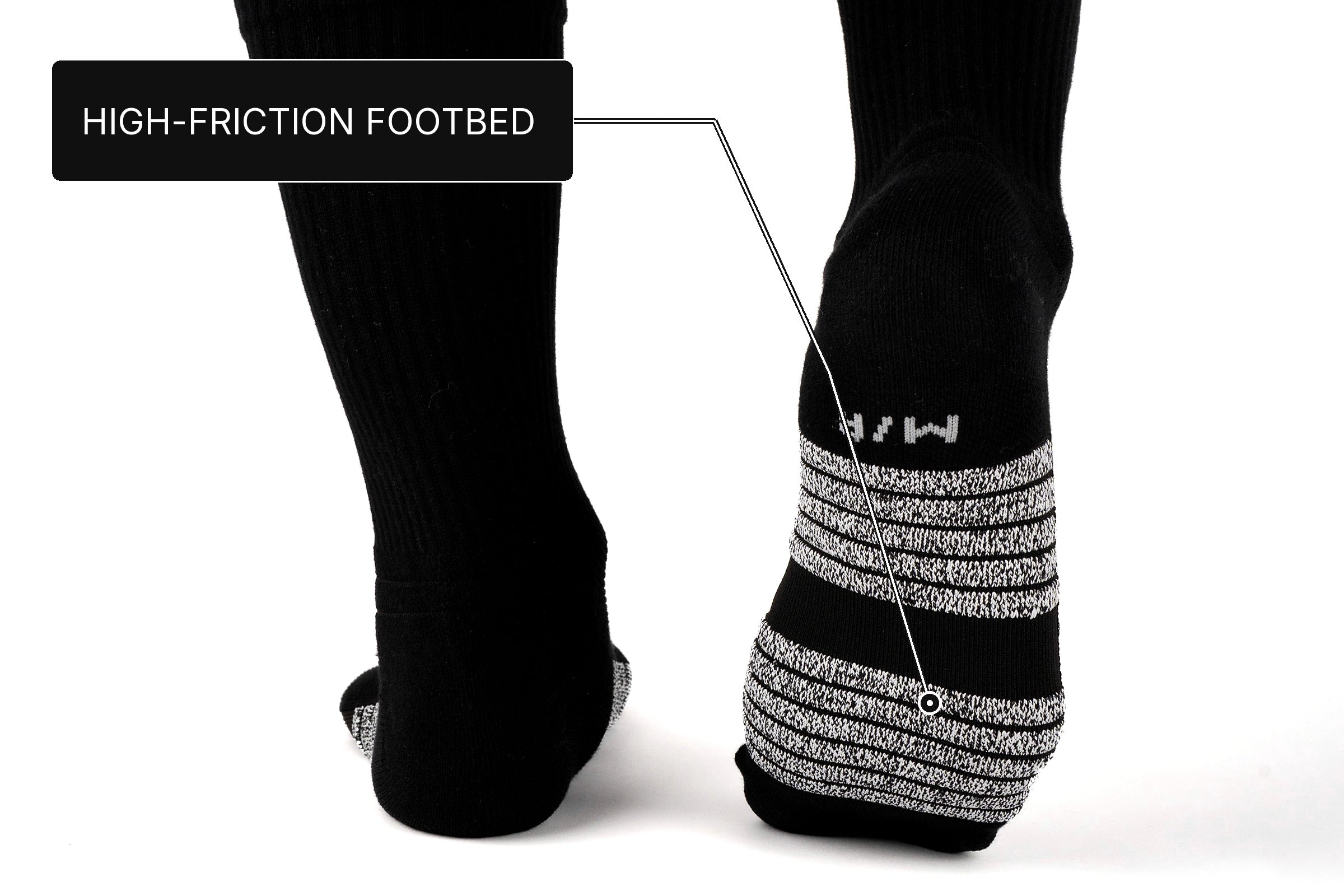 Performance Crew Socks with the complete sole visible and the high-friction footbed thread zone identified.